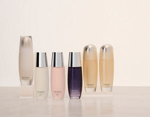 Group of Sensai Step 1 lotions next to each other on top of light gray glossy surface